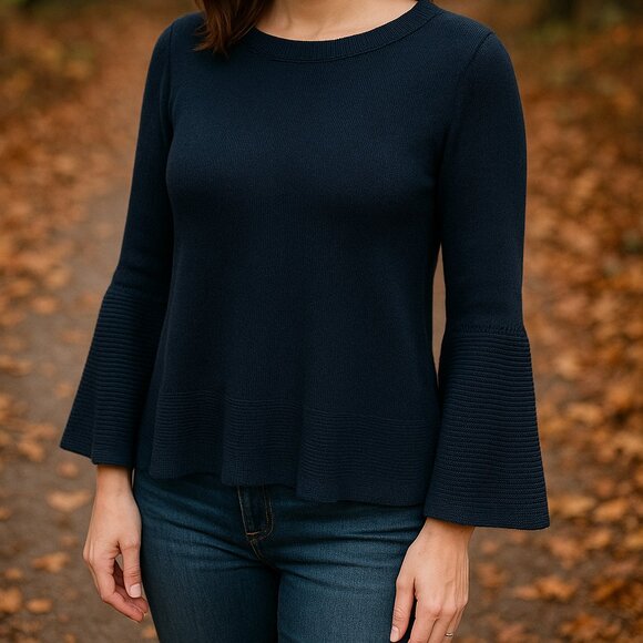 Banana Republic Merino-Cashmere Blend Sweater – Navy Bell Sleeve Knit – Small - Picture 2 of 10